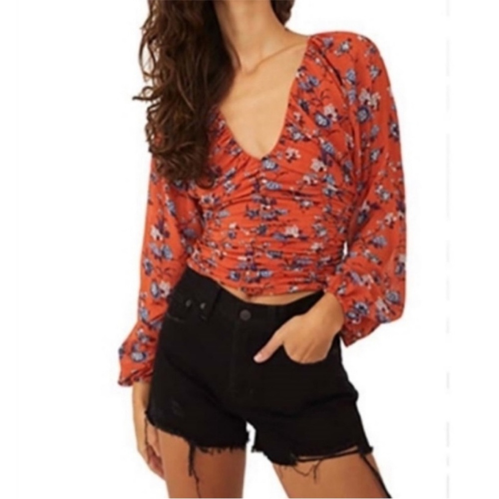 Free People Floral Blouse in Vibrant Orange - Picture 3 of 3